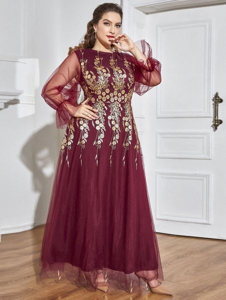 

plus golden floral print flounce sleeve mesh dress x973#, Black