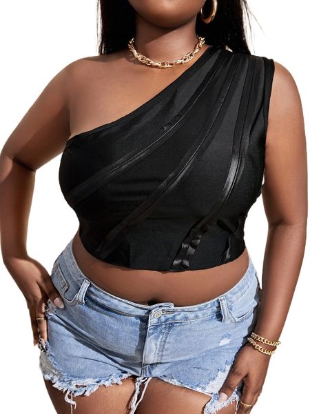 

plus solid one shoulder crop a9mz#, Black