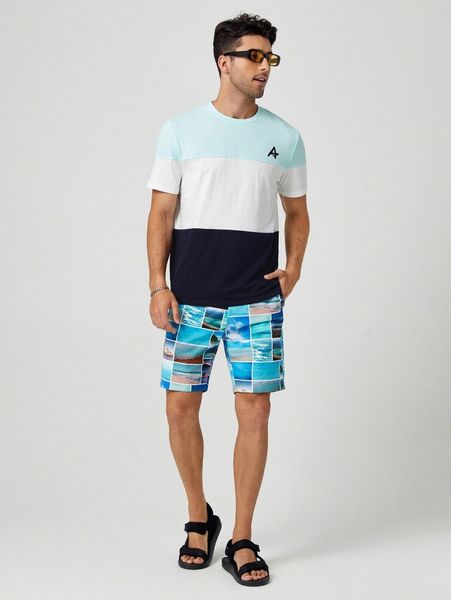 

men colorblock letter graphic tee & patchwork track shorts a1je#, Gray