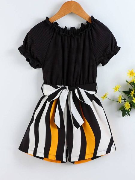

toddler girls colorblock puff sleeve frilled belted romper she, Blue