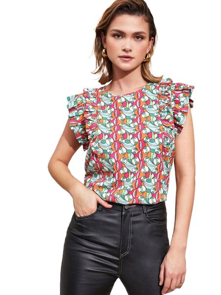 

x swinging 60's ruffle trim allover print u3gl#, White