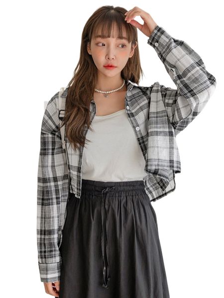 

dazy plaid drop shoulder button front crop blouse c7y6#, White