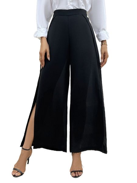 

high waist split thigh wide leg pants 31f7#, Black;white