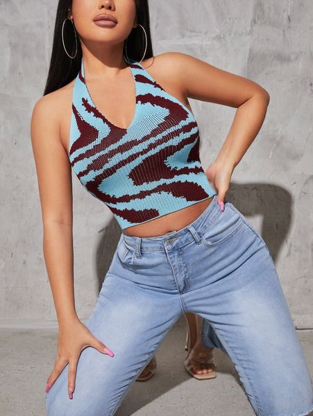 

graphic pattern backless knit z6rb#, White;black