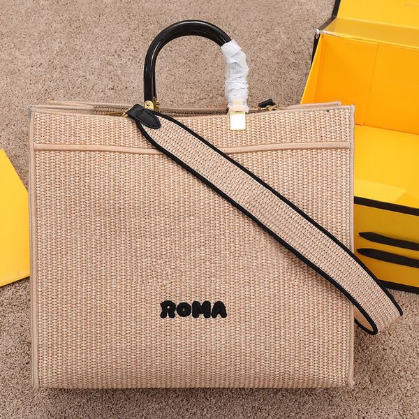 

straw tote shopping bag women handbag removable wide strap fashion letter internal large capacity crossbody bags camel travel handbags purse