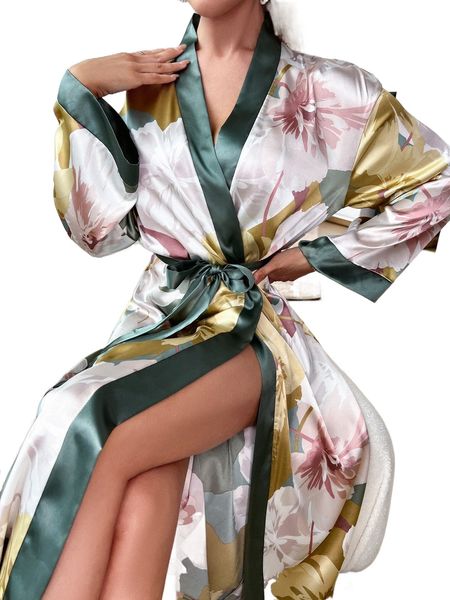 

floral print contrast trim drop shoulder belted satin robe v2bb#, Black;red