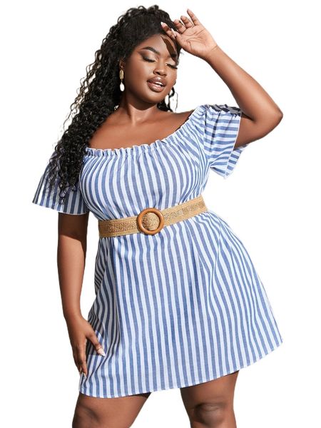 

plus vertical striped off shoulder frill trim dress without belt i8cx#, Black