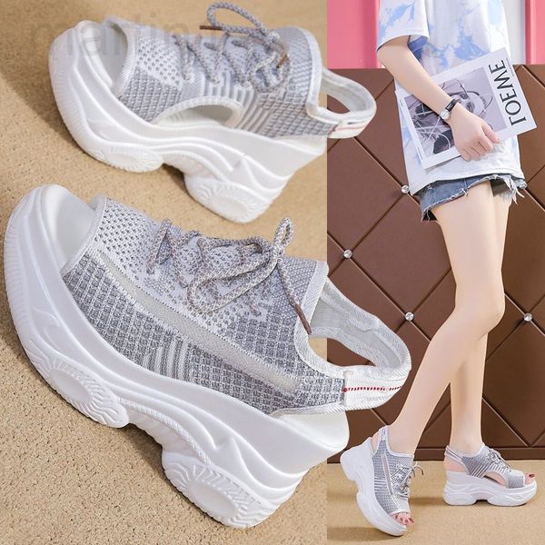 

sandals designer slope heel fish mouth shoes thick soled sports sandals high-heeled breathable mesh increased casual sandals3sly, Black