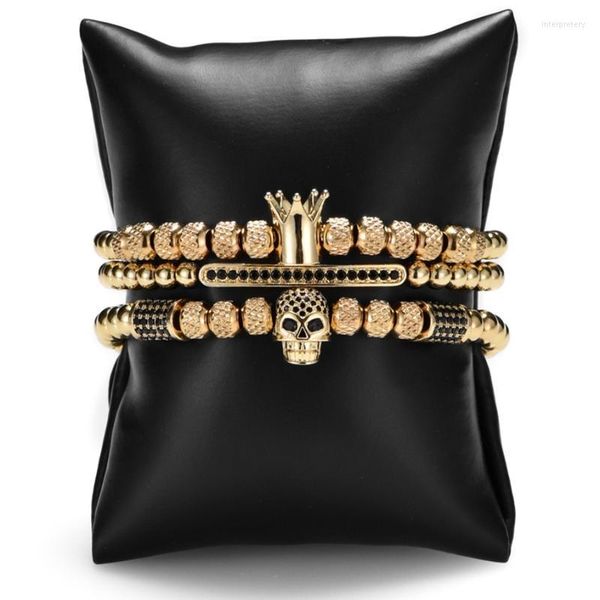 Bracelets de charme Luxo Royal Crown Micro Pave CZ Skull Bracelet Men Fashion Design exclusivo Design Aço inoxidável