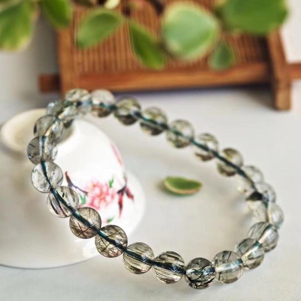 

natural green tourmilated rutilated quartz bracelet brazil clear round beads women men 8mm 9mm 10mm 11mm 12mm stone aaaaa, Silver