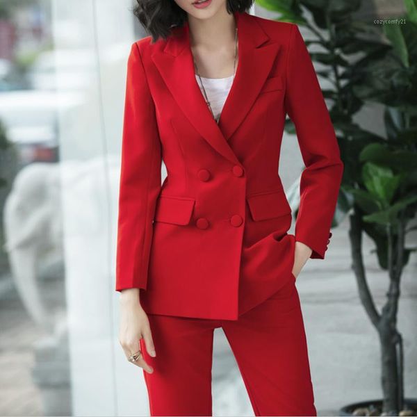 Büro-Arbeits-Blazer-Anzüge von hoher Qualität, Damen-Hosenanzug, Blazer, Jacken mit Hose, zweiteiliges Set, Rot, Rosa, Blau
