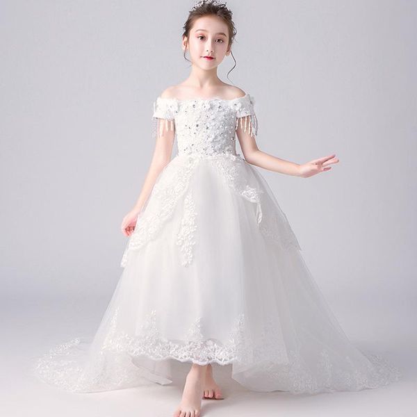 

girl's dresses children's dress girl model host walk show one shoulder trailing evening flower birthday princess fluffy yarn, Red;yellow