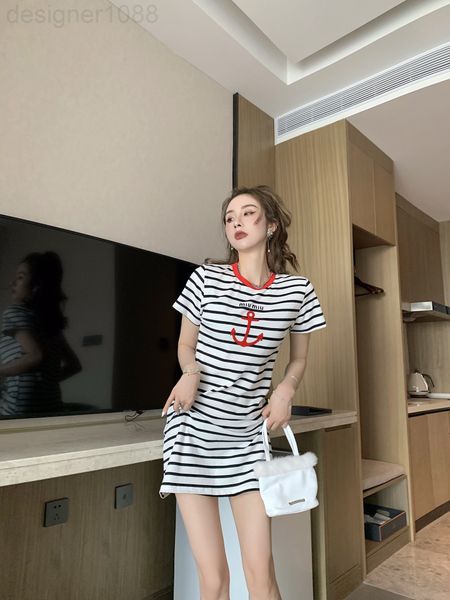

casual dresses designer 22 early spring new classic contrast comfortable design letter print boat anchor drill slim stripe dress 1h36, Black;gray