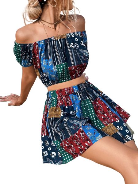 

patchwork print off shoulder crop & skirt g9ak#, White