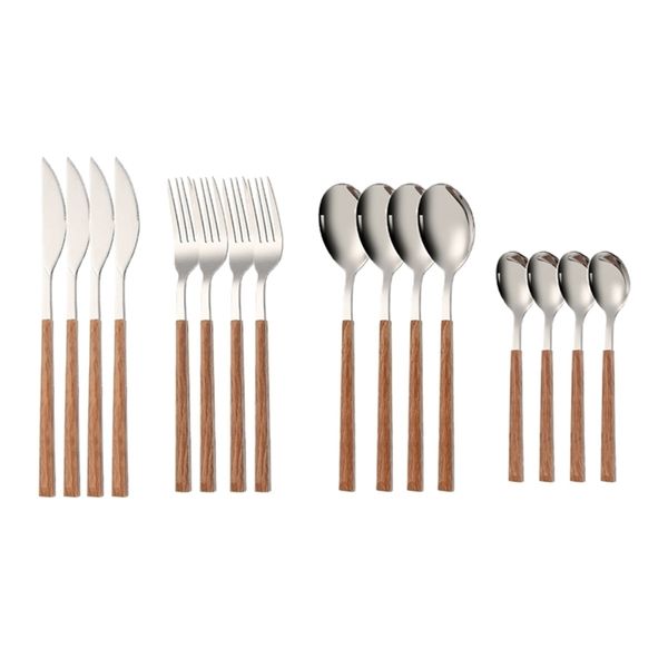 16pcs acciaio inossidabile imitazione manico in legno set di posate stoviglie morsetto stoviglie occidentali coltello forchetta cucchiaino da tè argenteria 220623