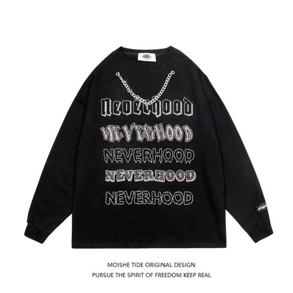 

moishe tide american style high street fashion brand drill chain round neck sweater for men and women loose hip-hop couple jacket, Black