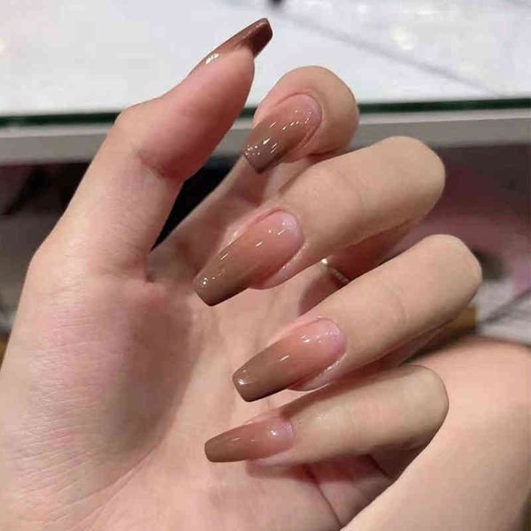 

false nails 24pcs winter warm brown gradient detachable coffin french ballerina fake wearing patch 0616