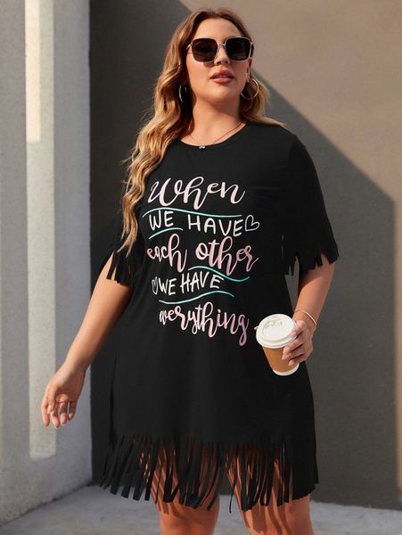

plus slogan graphic fringe hem longline tee r3u3#, Black