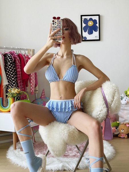 

striped ruffle hem bikini swimsuit o9gy#, White;black