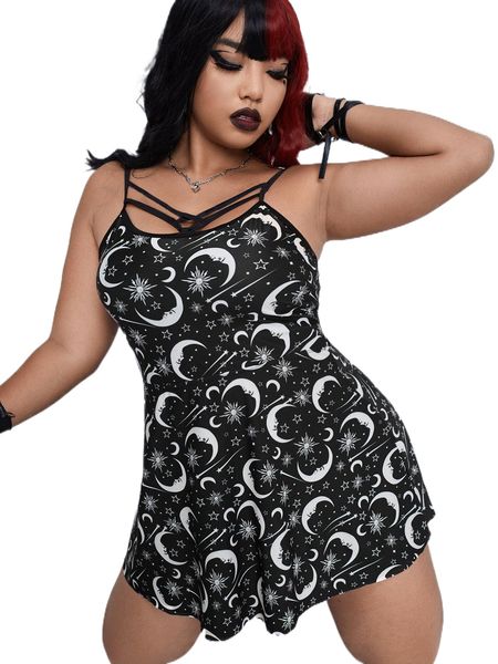 

plus star & moon print harness bikini swimsuit g3lq#, White;black