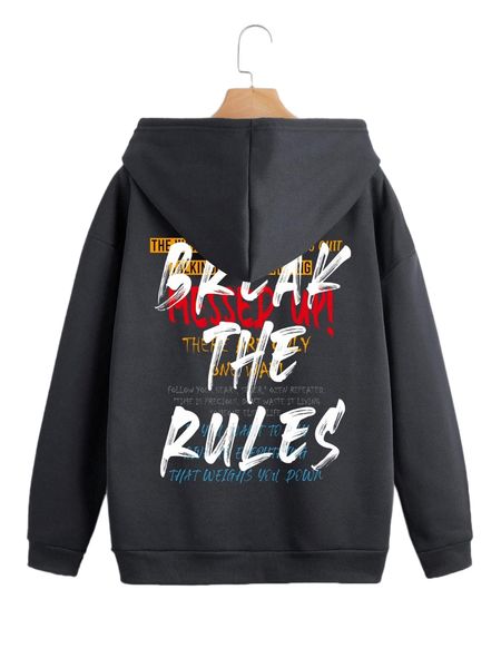 

slogan graphic kangaroo pocket drawstring zip-up thermal hoodie 85zp#, Black