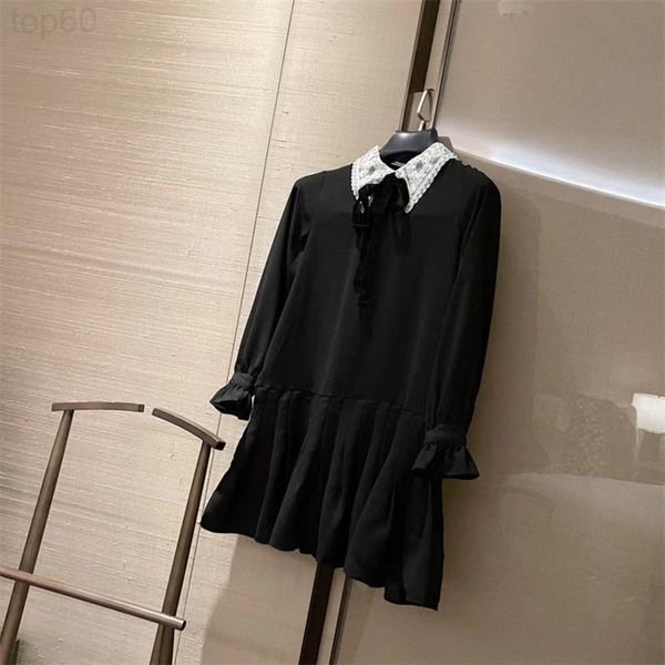 

casual dresses designer simple solid color long sleeve big swing loose dress women's spring and summer new lace lapel embroidery letter, Black;gray