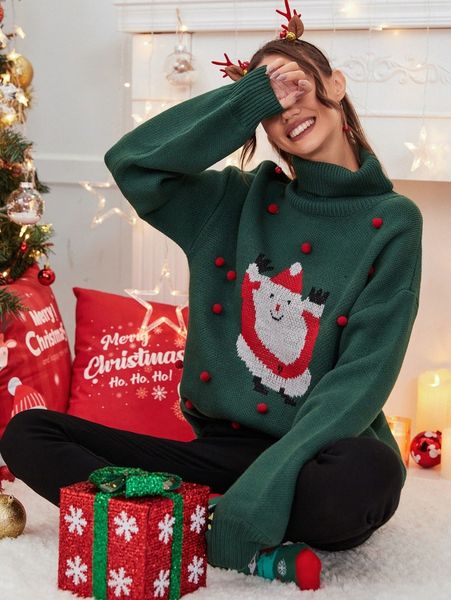 

christmas santa claus pattern popcorn knit turtleneck drop shoulder sweater 62yc#, White;black