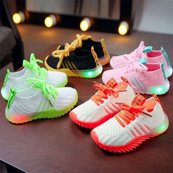 

child sport shoes spring luminous fashion breathable kids boys net shoes girls antislippery sneakers with light running shoes 220805, Black;red