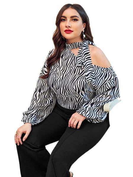 

plus zebra print asymmetrical neck bishop sleeve 416r#, Black