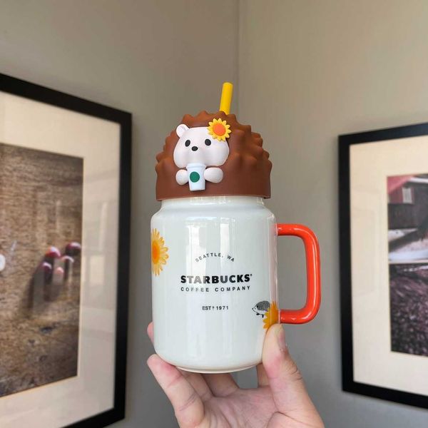 

2021 starbucks cup new summer three-dimensional hedgehog mason ceramic straw cup 435ml