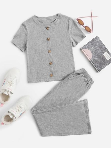 

girls button up tee and pants set she, White