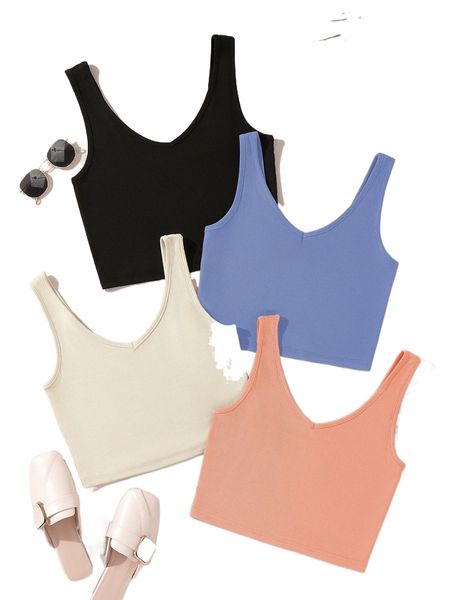 

4pcs solid ribbed knit tank m84p#, White