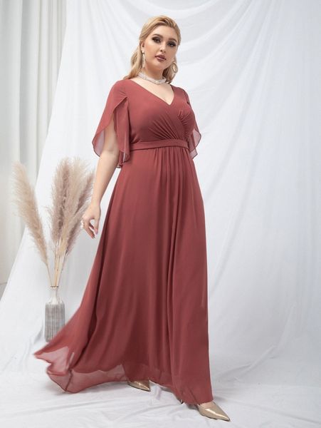 

plus petal sleeve chiffon prom dress o39z#, Black
