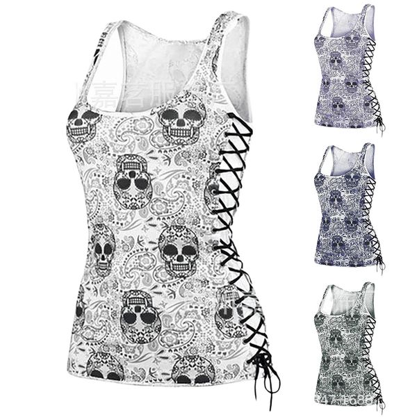 

2022 ladies fashion summer sleeveless skull off-back printed vest l5lb#, White