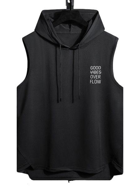 

men slogan graphic drawstring hooded high low hem tank 28yr#, White;black