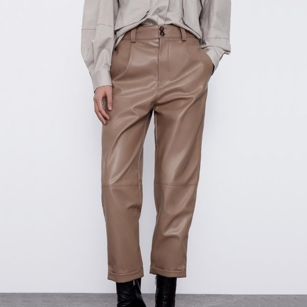 

agong casual pu leather pant fashion solid straight trouser elegant pockets ankle length pants female ladies an y200418, Black;white