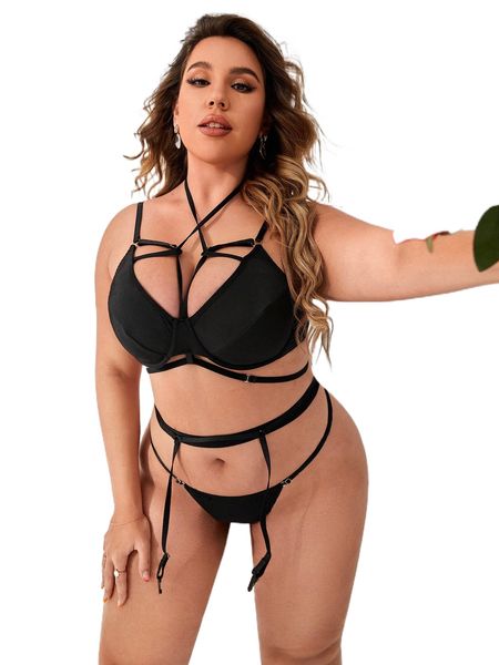 

plus 3pack cut out underwire thong lingerie set c8ac#, Black;white