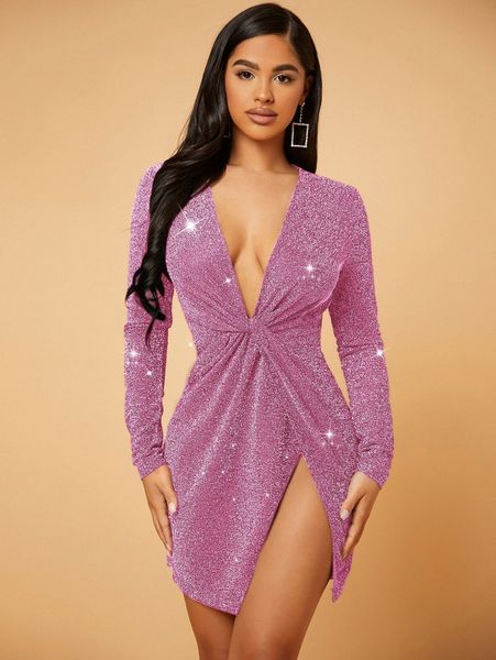 

club deep v neck twist front wrap glitter dress k7gw#, Black;gray