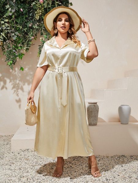 

plus lapel neck buckle belted shirt dress m9i0#, Black