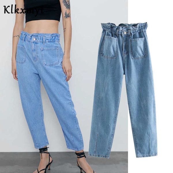 Klkxmyt england high street vintage mom jeans donna tasche vita allentata caviglia harem solido fidanzato per donna 210527