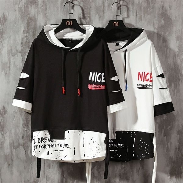 

men ribben hoodies summer male fashion short sleeve hoodies men's hoodies tshirt color splice hooded tshirt street style 201126, Black
