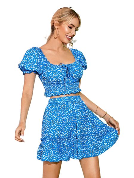 

ditsy floral puff sleeve shirred crop & ruffle hem skirt l1yf#, White