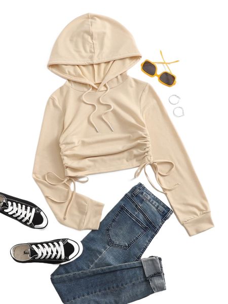 

drawstring side crop hoodie a09q#, Black