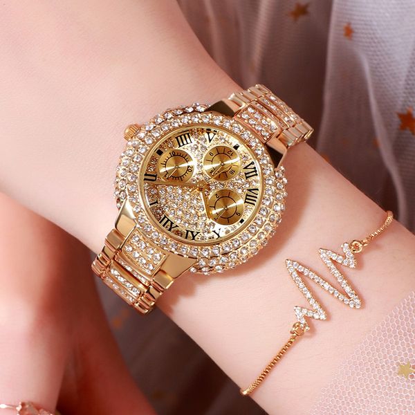 

three eyes ladies bracelet full of diamond fashionable ladies waterproof quartz watch gift a1, Slivery;brown