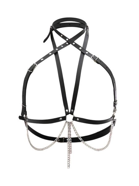 

plus ring linked chain decor pu harness bra j1hk#, Black;white