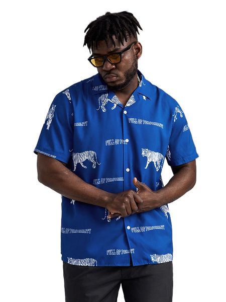 

extended sizes tiger & letter graphic lapel neck shirt p0t9#, White;black