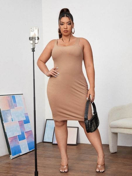 

plus solid rib-knit tank dress b5as#, Black
