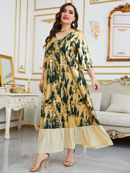 

plus random graphic print contrast binding ruffle hem smock dress 64xp#, Black