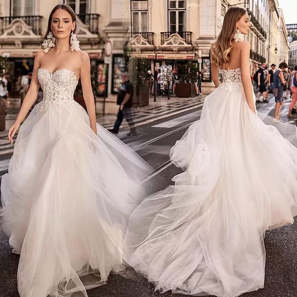 Abiti da sposa Abiti da sposa per ragazze Top a tubino Senza spalline Senza maniche Applique in pizzo senza schienale Abiti da sposa con perline Corte dei treni robe de mari￩e su misura