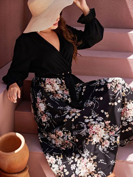 

plus floral print flounce sleeve belted dress 91ww#, Black